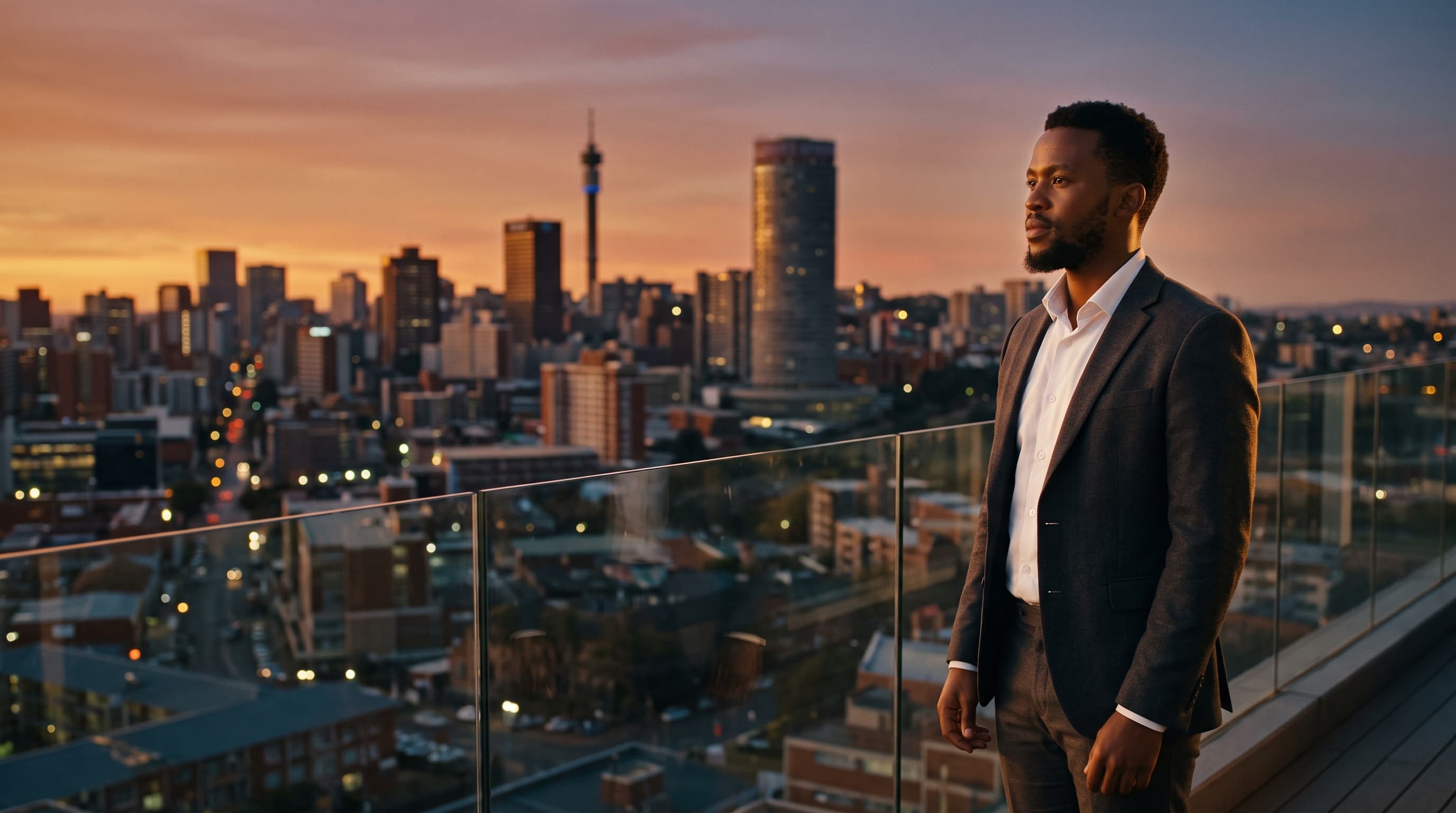 A young entrepreneur in a charcoal blazer stands on a Johannesburg rooftop at sunset, looking out over the city skyline as the first lights come on.